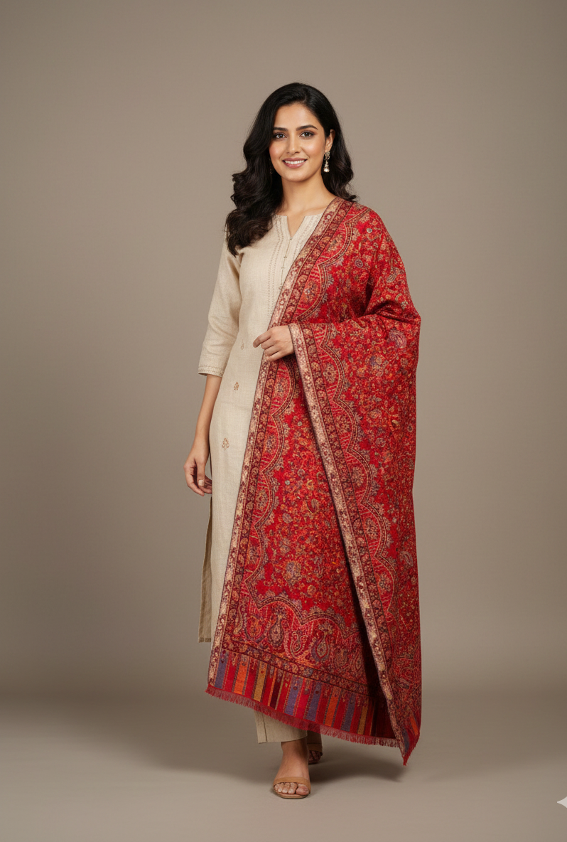 Heritage red Kashmiri jaal weave stole with intricate paisley motifs and multitone decorative borders by The Amritsar Store
