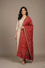 Heritage red Kashmiri jaal weave stole with intricate paisley motifs and multitone decorative borders by The Amritsar Store