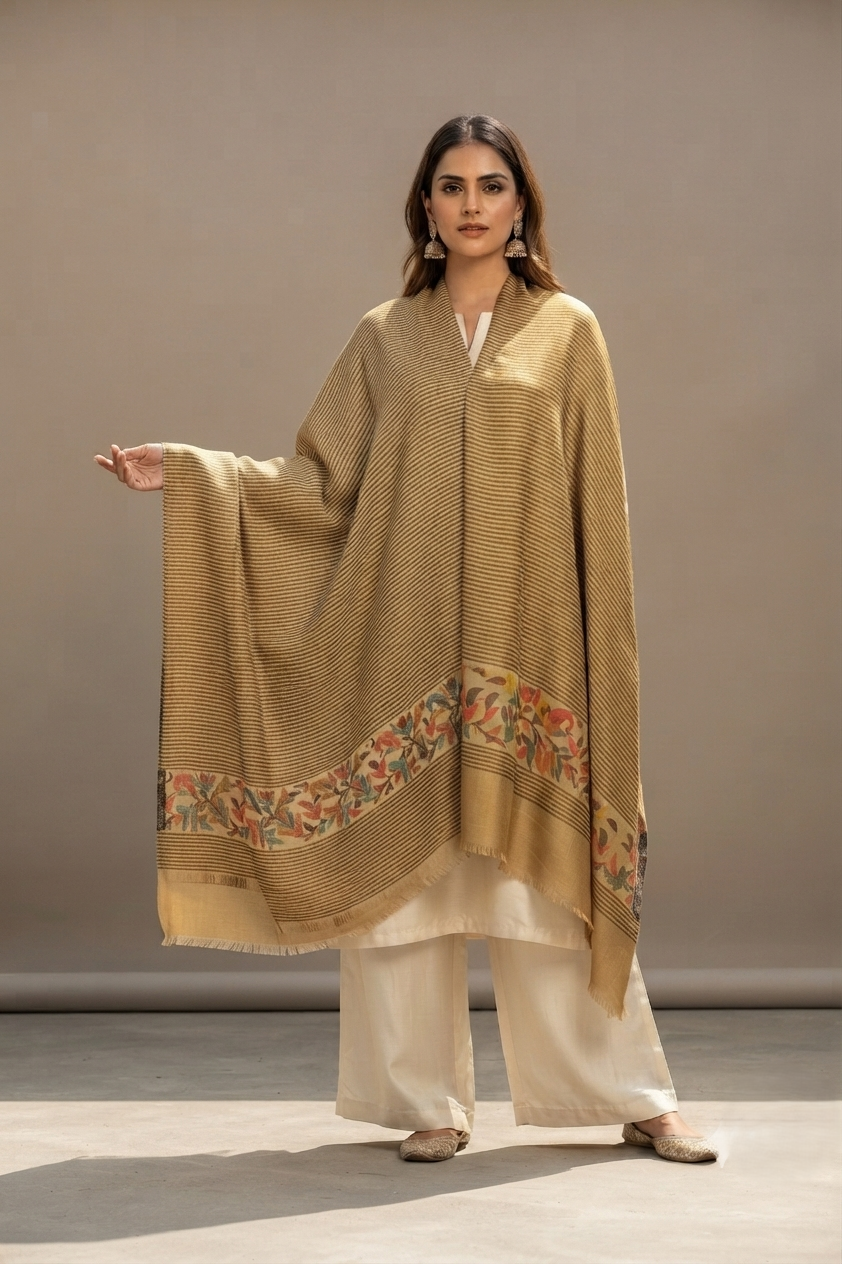 Women's traditional Kashmiri Kani shawl featuring heritage woven craftsmanship with elegant timeless detailing by The Amritsar Store.