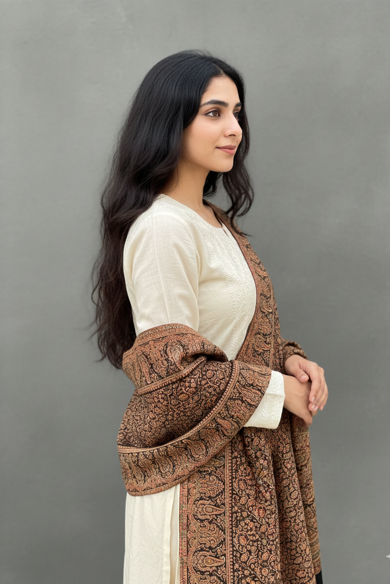 The Amritsar Store Jaal Weave Shawl with intricate paisley motifs in traditional Kashmiri design
