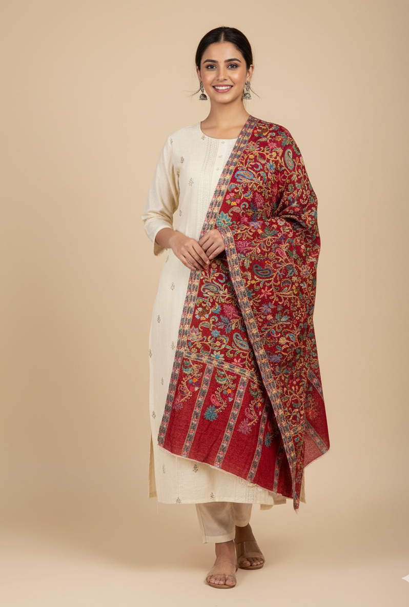 Handcrafted Kalamkari Stole with Traditional Kashmiri Floral Work – The Amritsar Store
