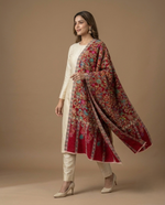Women's Kalamkari stole featuring a Kashmiri floral jaal design with intricate traditional motifs in a designer wrap.