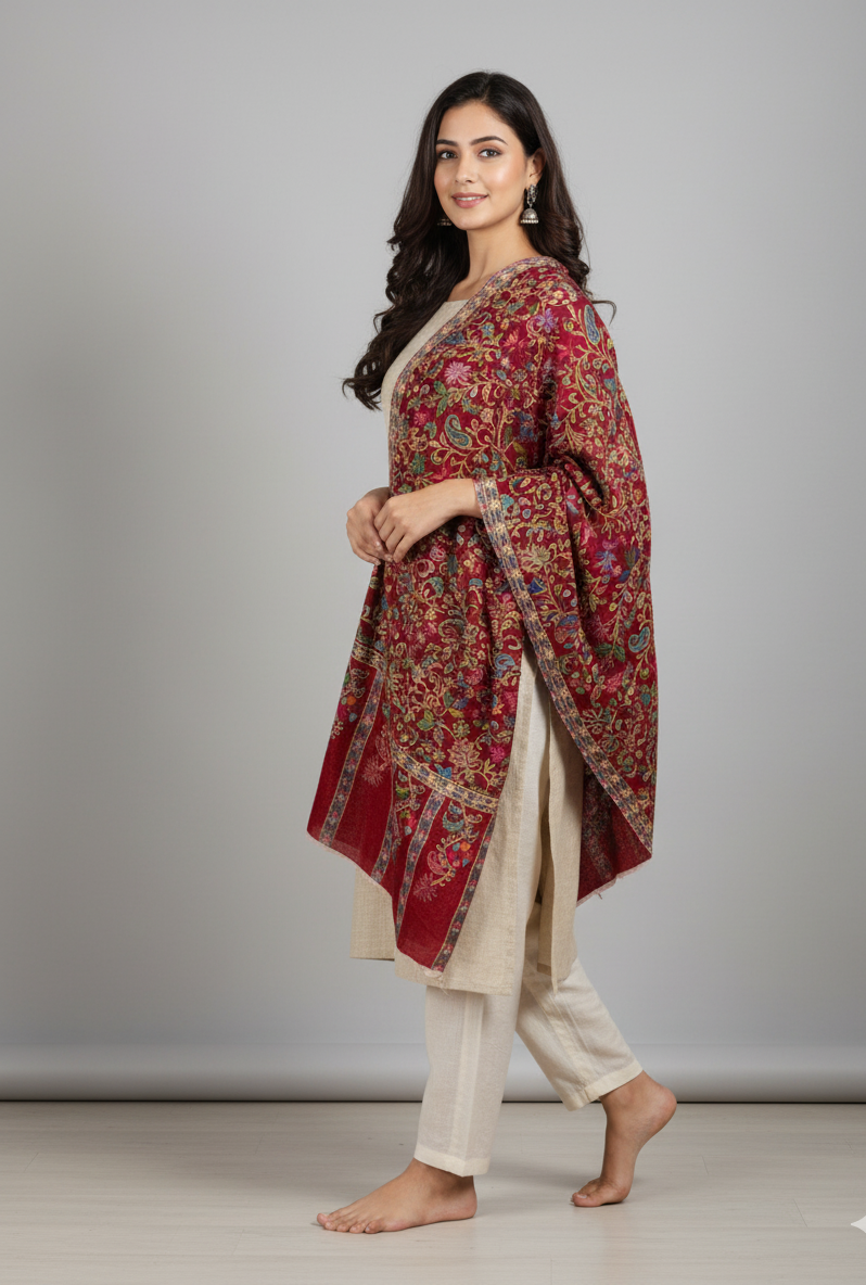 Handcrafted Kalamkari Stole with Traditional Kashmiri Floral Work – The Amritsar Store