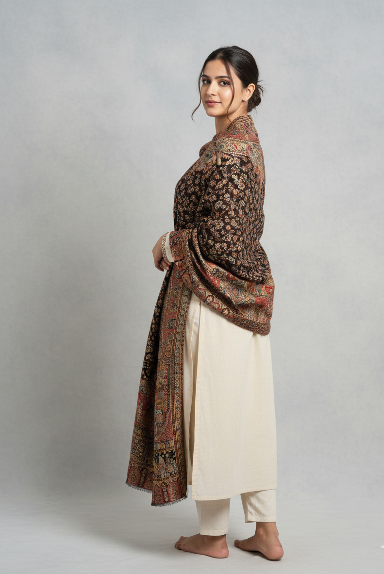 The Amritsar Store Kani Shawl with Zari work – Mughal Darbaar scene, reversible traditional Kashmiri weave