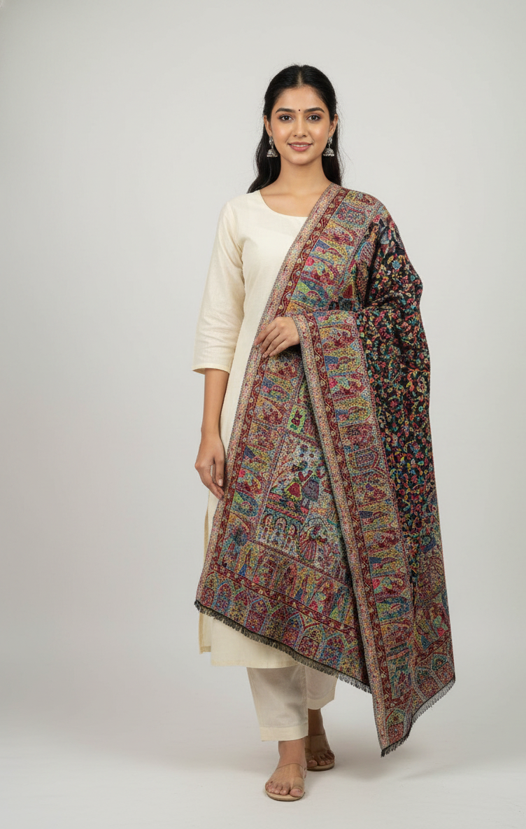 “The Amritsar Store Heritage Kani Stole – Vibrant Mughal-Inspired Story Weave (Women)”