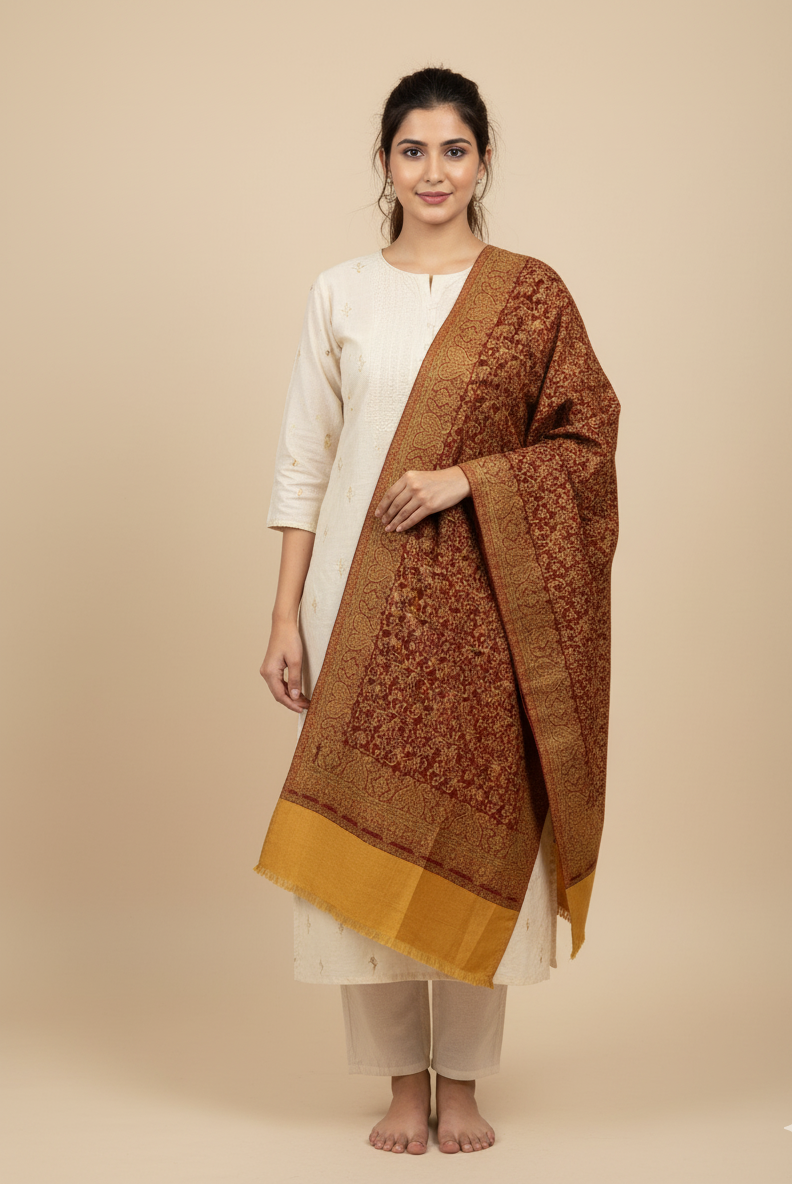 The Amritsar Store Kashmiri Jaal Shawl with Intricate Floral Weave – Reversible Wool Shawl for Elegant Winter Wear