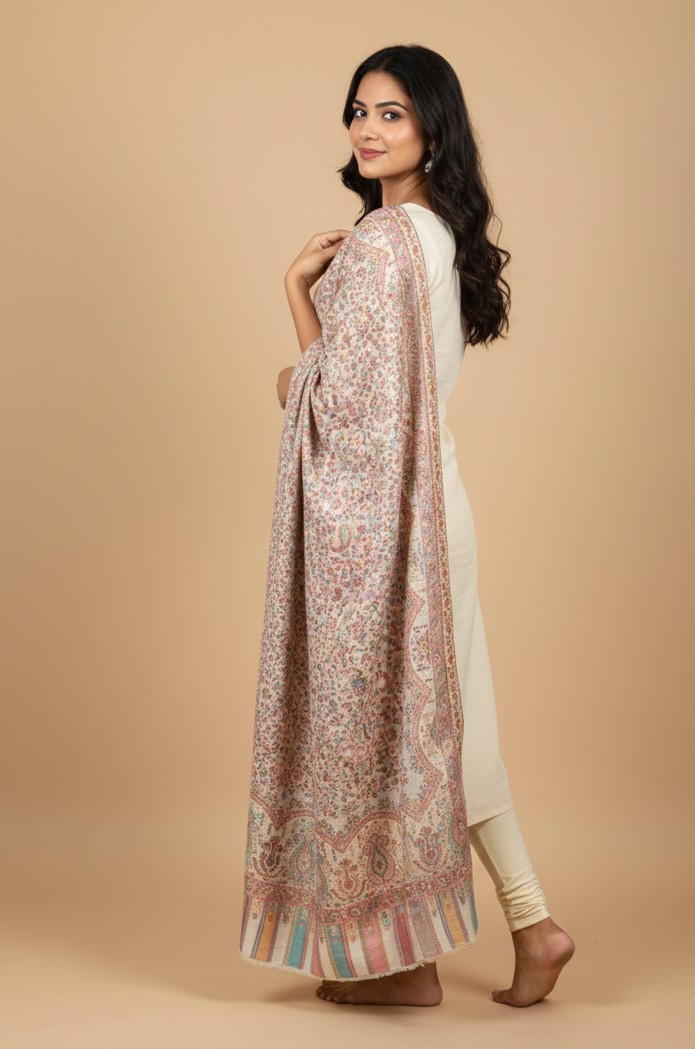 "The Amritsar Store Pastel Jaal Fine Wool Shawl with Multitone Paisley and Floral Weave"