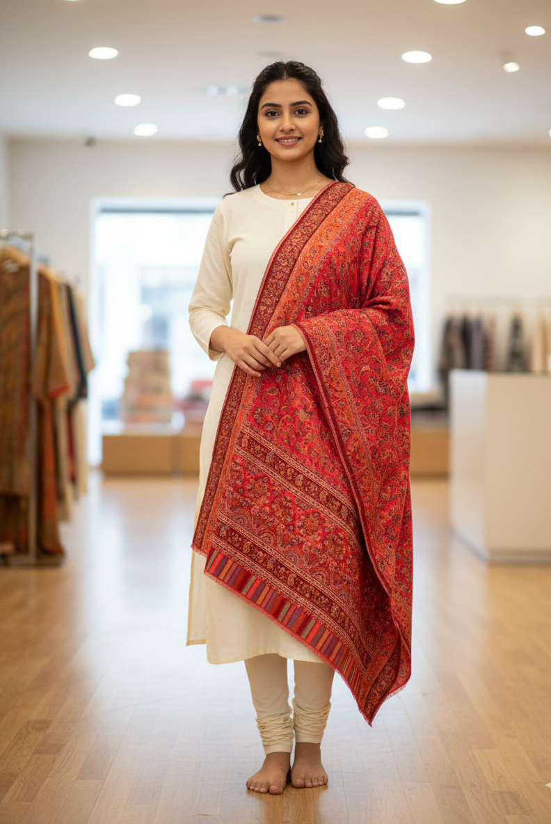 Majestic Peacock Garden Jaal shawl by The Amritsar Store featuring an intricate multicolor woven floral and peacock pattern.