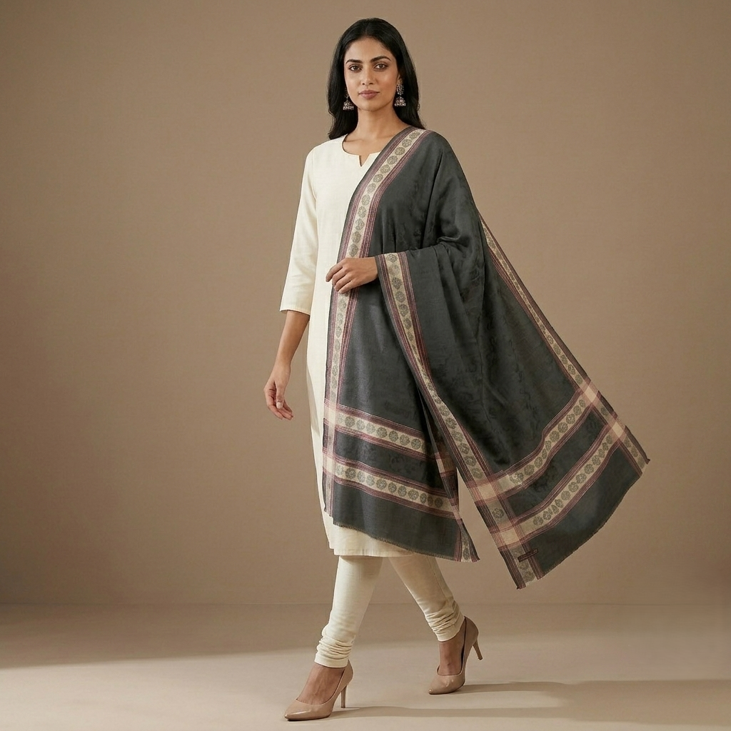 Women's Kashmiri Zari Shawl with Four-Side Border, elegant traditional embroidered shawl by The Amritsar Store