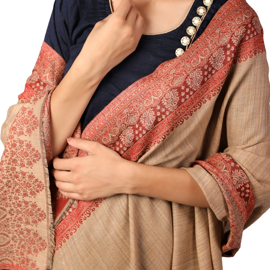 Kashmiri Shawl For Women, Lightweight Shawl With Four Side Border & Paisley Design Weaved With Wool, Shawl For Women - The Amritsar Store