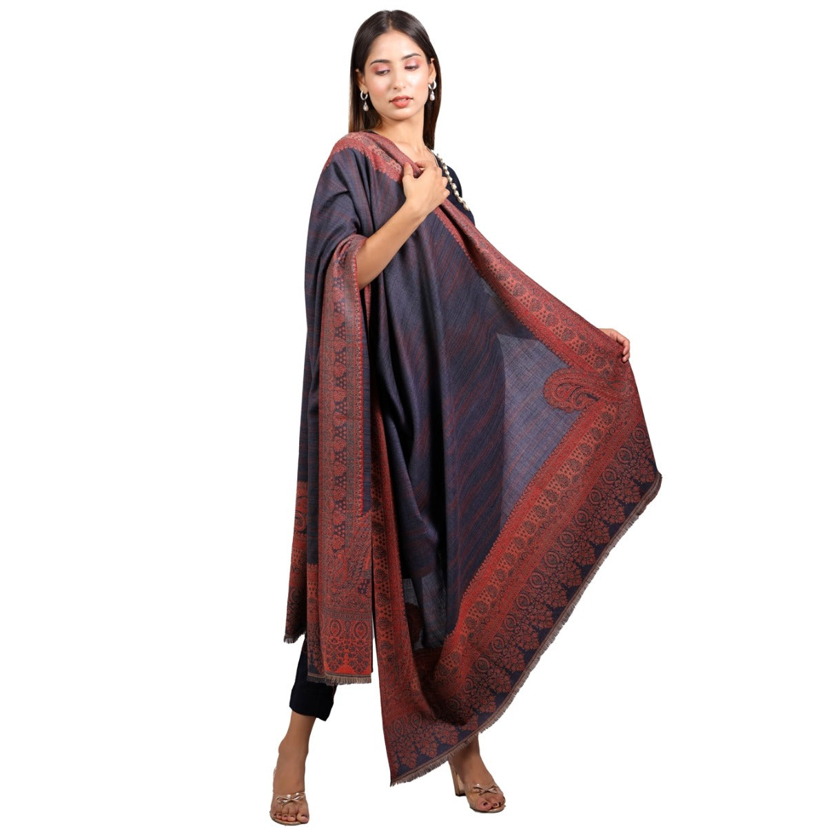 Kashmiri Shawl For Women, Lightweight Shawl With Four Side Border & Paisley Design Weaved With Wool, Shawl For Women - The Amritsar Store