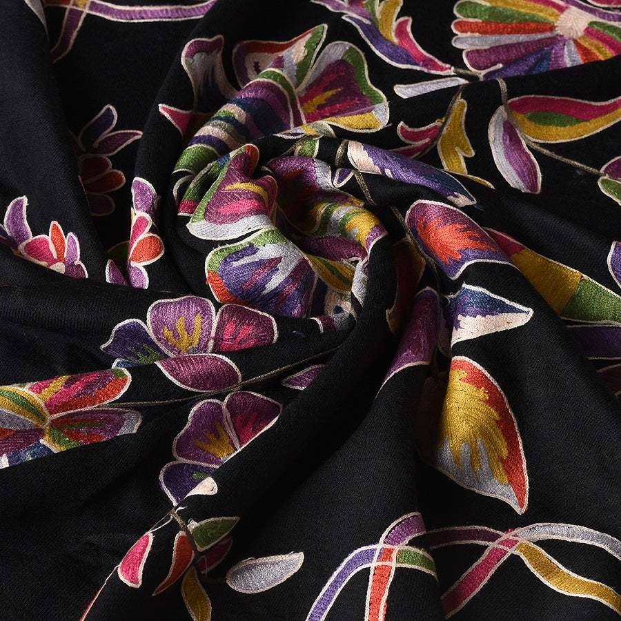 Black Multicolor Embroidery Aari Kashimir Pure Wool Shawl - The Amritsar Store