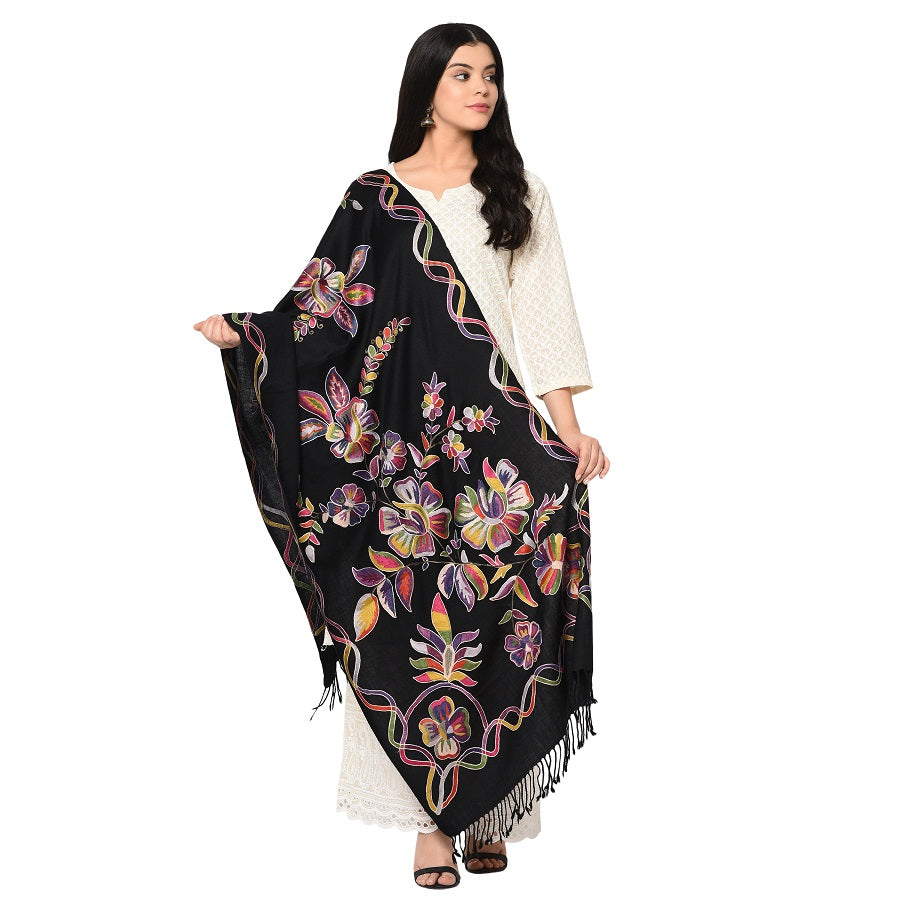 Black Multicolor Embroidery Aari Kashimir Pure Wool Shawl - The Amritsar Store