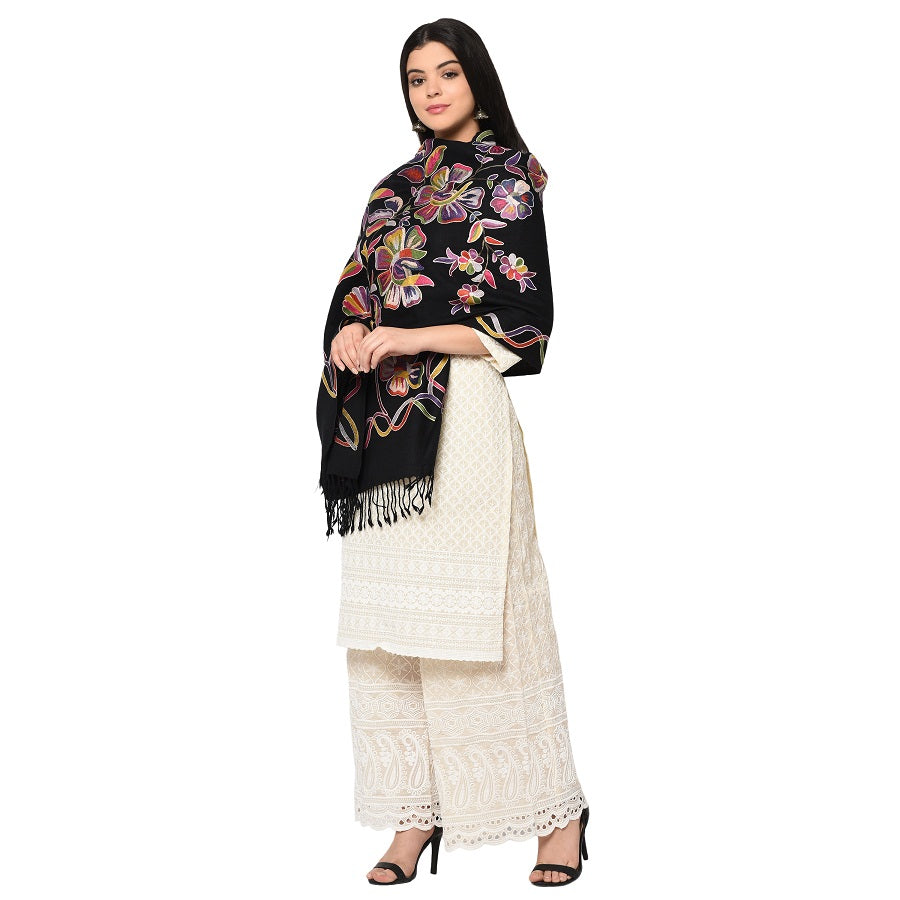 Black Multicolor Embroidery Aari Kashimir Pure Wool Shawl - The Amritsar Store