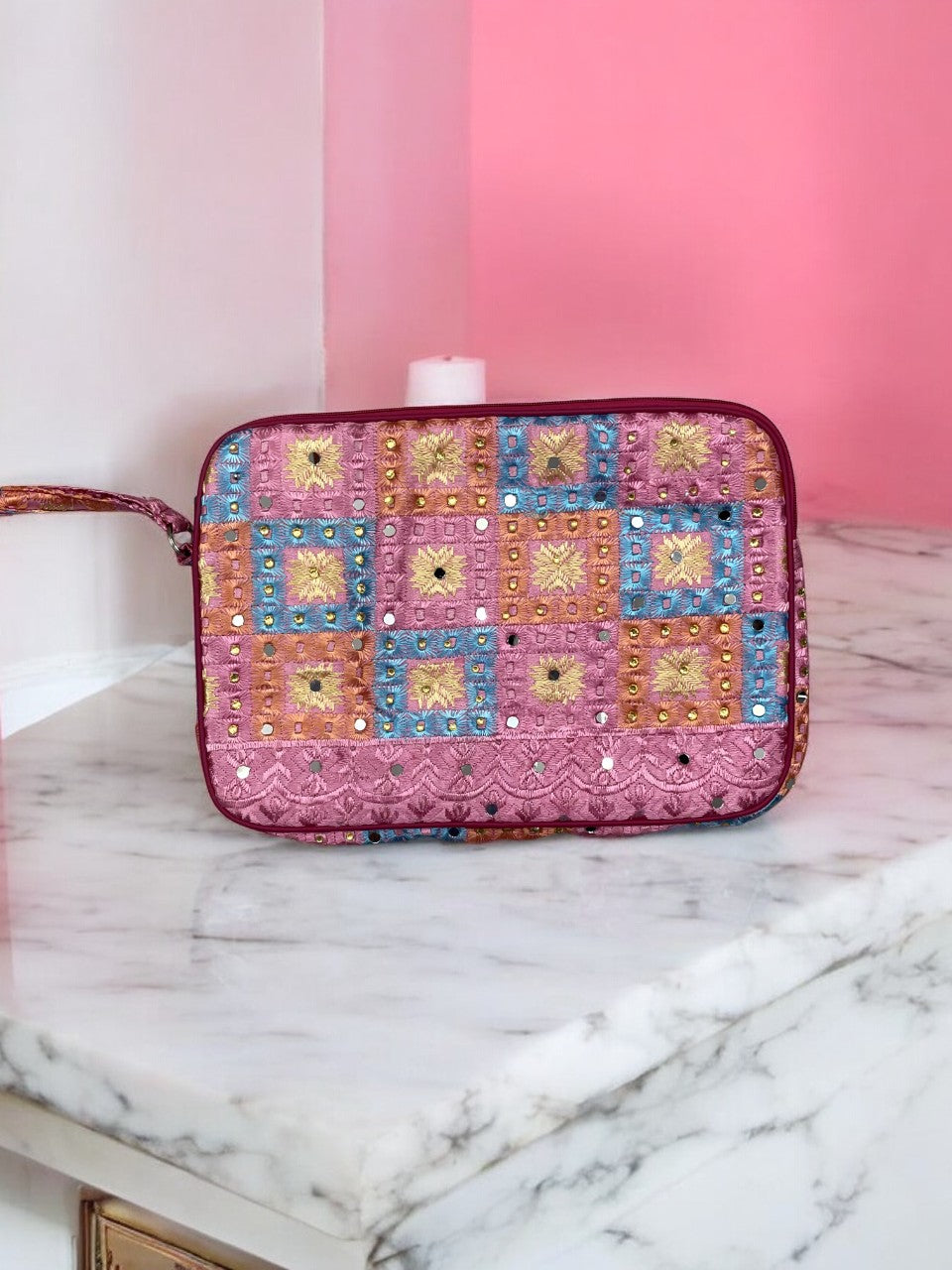 Pink Phulkari laptop bag with sleeve and premium zip