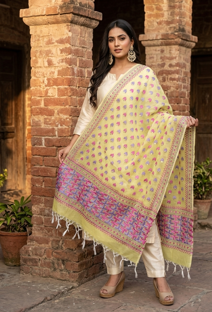 Hand embroidered lemon yellow Phulkari dupatta for women with traditional Punjabi threadwork by The Amritsar Store