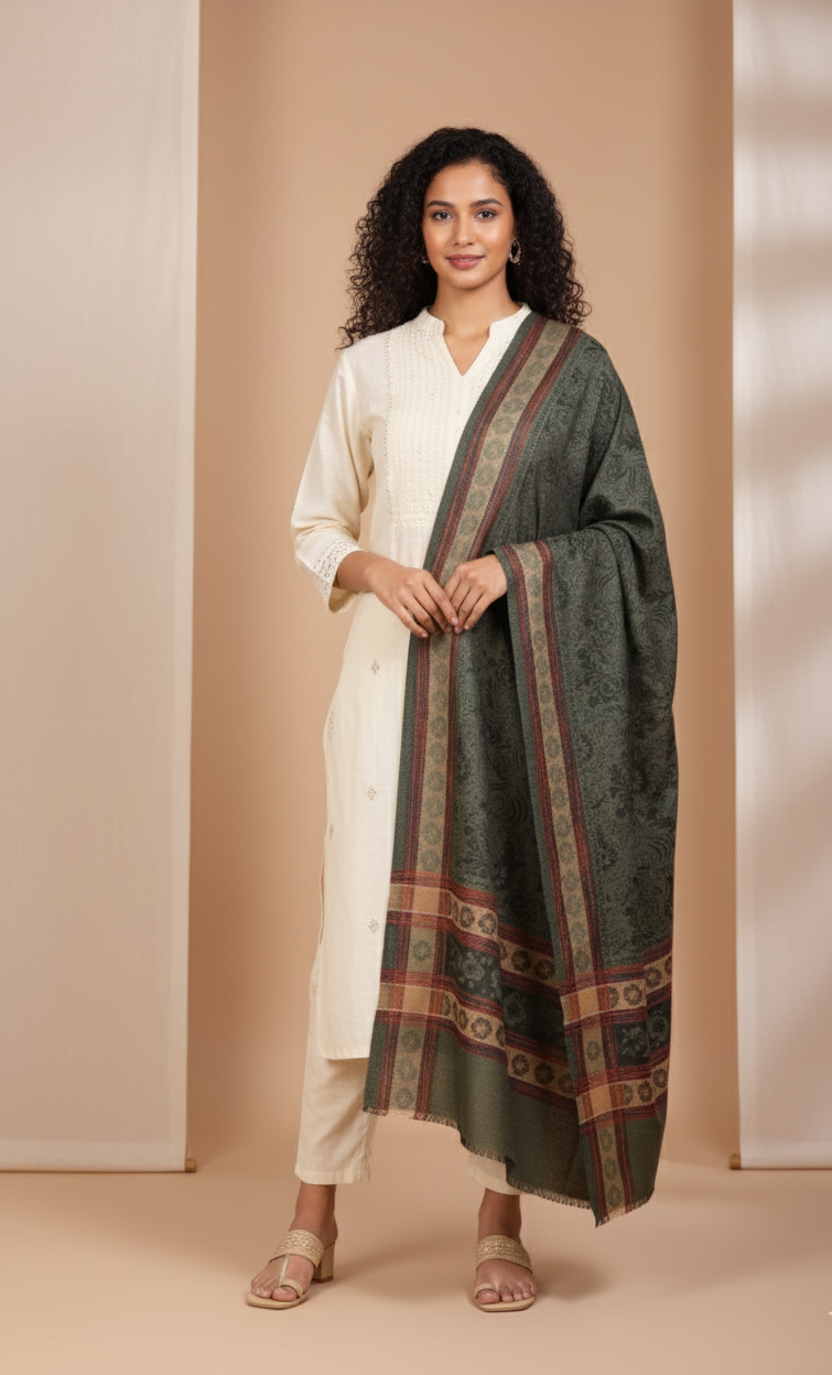 The Amritsar Store Kashmiri Women’s Shawl featuring elegant zari work and intricate four-side border – a luxurious handcrafted wrap for special occasions.