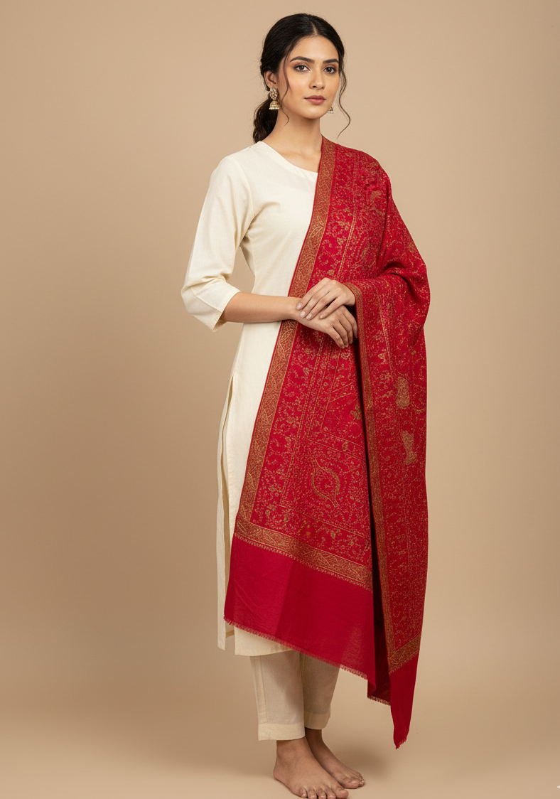 : The Amritsar Store Red Pashmina Shawl with Exquisite Hand Embroidery – Timeless Charm and Elegant Warmth