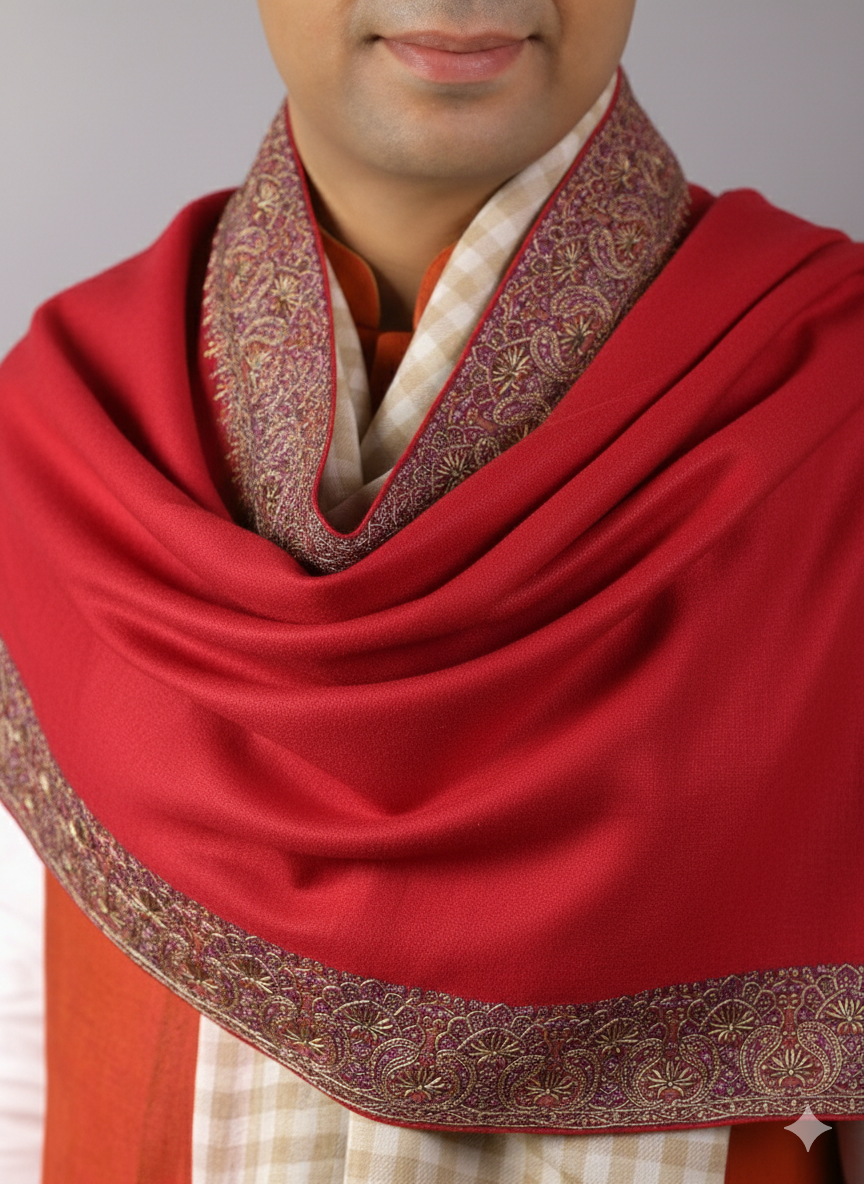 Hand embroidered Kashmiri four-side border meditation shawl soft wool pashmina oversized wrap for men and women