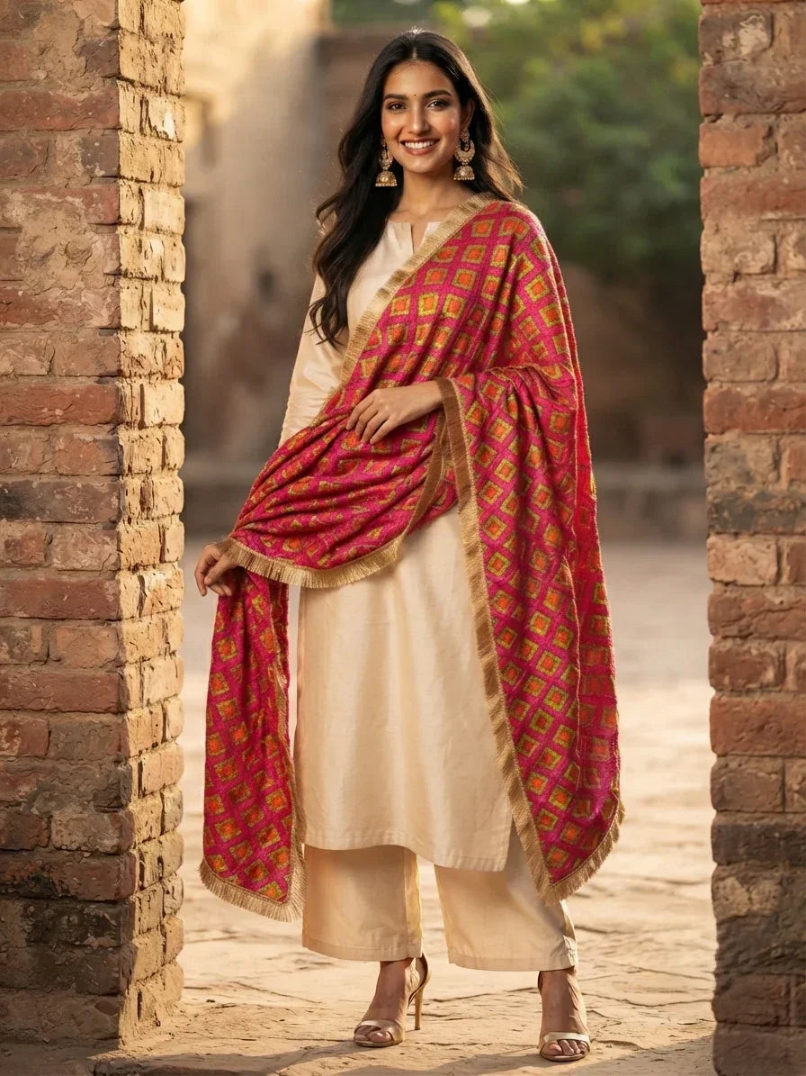Phulkari Dupatta – Hand Embroidered Magenta Dupatta For Women | The Amritsar Store - The Amritsar Store