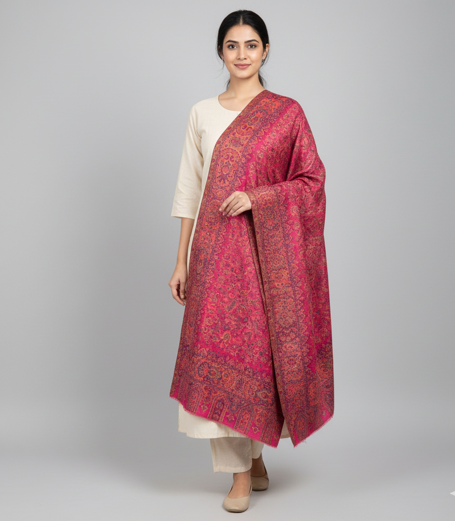 "Magenta Kashmiri Jaal Weave Shawl in Fine Wool with Multicolor Paisley and Floral Design – The Amritsar Store"