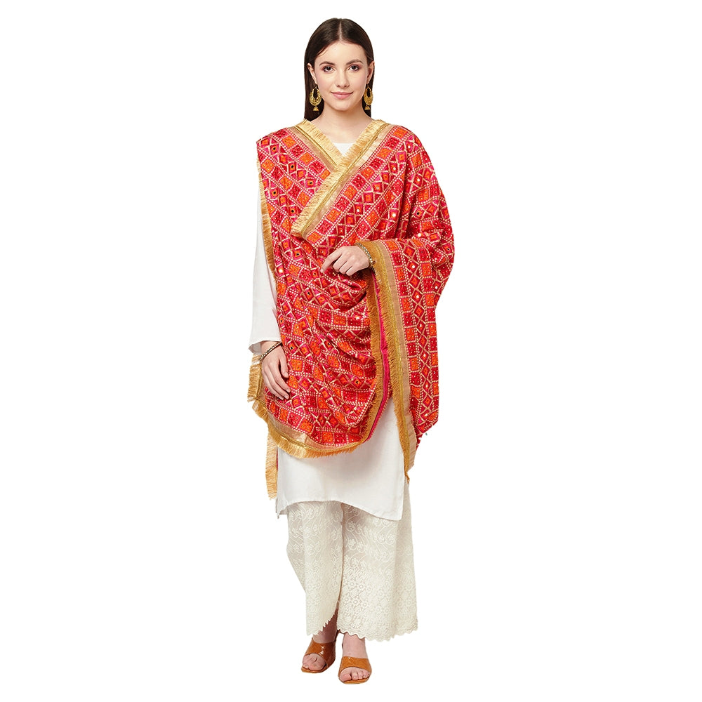 Magenta Phulkari Dupatta With Four Side Golden Lace & Mirror Work By The Amritsar Store - The Amritsar Store