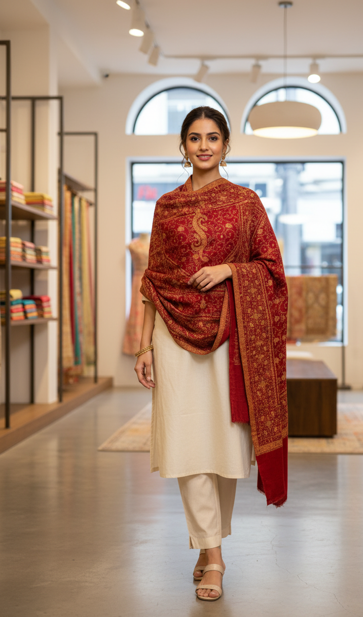 The Amritsar Store Elegant Maroon Hand Embroidered Shawl – finely crafted with intricate threadwork, showcasing timeless Kashmiri artistry and sophistication.