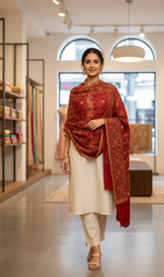 The Amritsar Store Elegant Maroon Hand Embroidered Shawl – finely crafted with intricate threadwork, showcasing timeless Kashmiri artistry and sophistication.