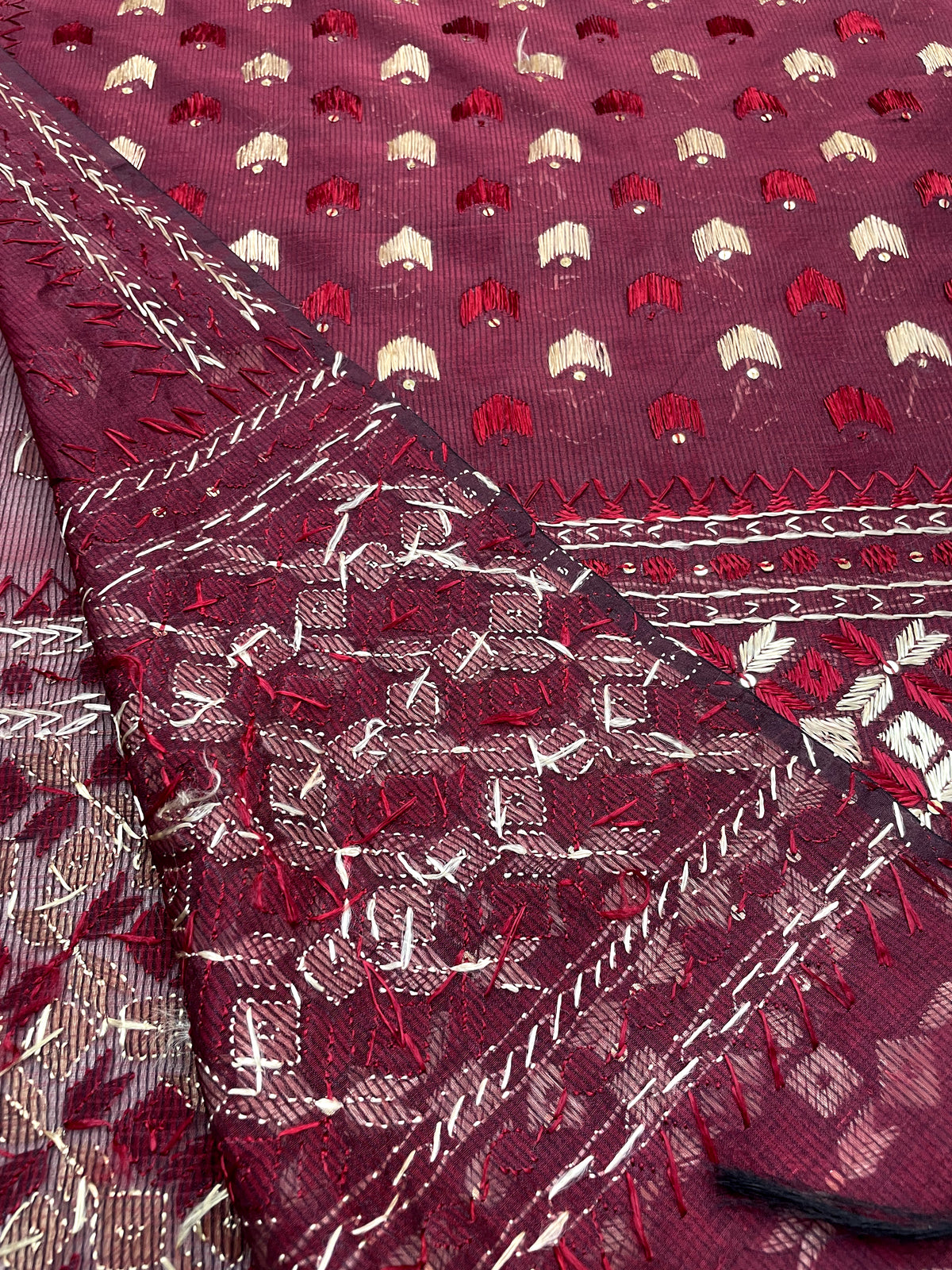 nd embroidered maroon Phulkari dupatta for women in traditional Punjabi style, elegant ethnic wrap with detailed floral threadwork by The Amritsar Store