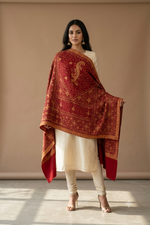 Women's maroon hand embroidered shawl featuring elegant traditional craftsmanship and timeless artisanal detailing by The Amritsar Store.
