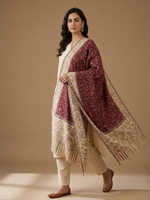 Women's maroon Kashmiri jaal weave shawl featuring elegant floral motifs in a premium designer wrap with intricate traditional craftsmanship.