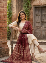 Hand embroidered maroon Phulkari dupatta for women in traditional Punjabi style, elegant ethnic wrap with detailed floral threadwork by