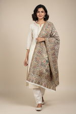 Royal Heritage stole by The Amritsar Store featuring intricate Mughal Darbar scenes with detailed floral jaal weave in rich traditional tones