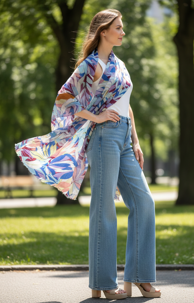 Multi color abstract digital print scarf for women by The Amritsar Store, soft lightweight fashion accessory for all seasons.