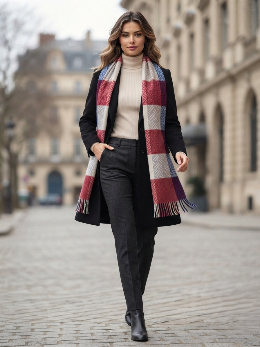 The Amritsar Store Multicolor Geometric Checkered Scarf – Soft Winter Wrap in Red, Blue, Beige & White - The Amritsar Store