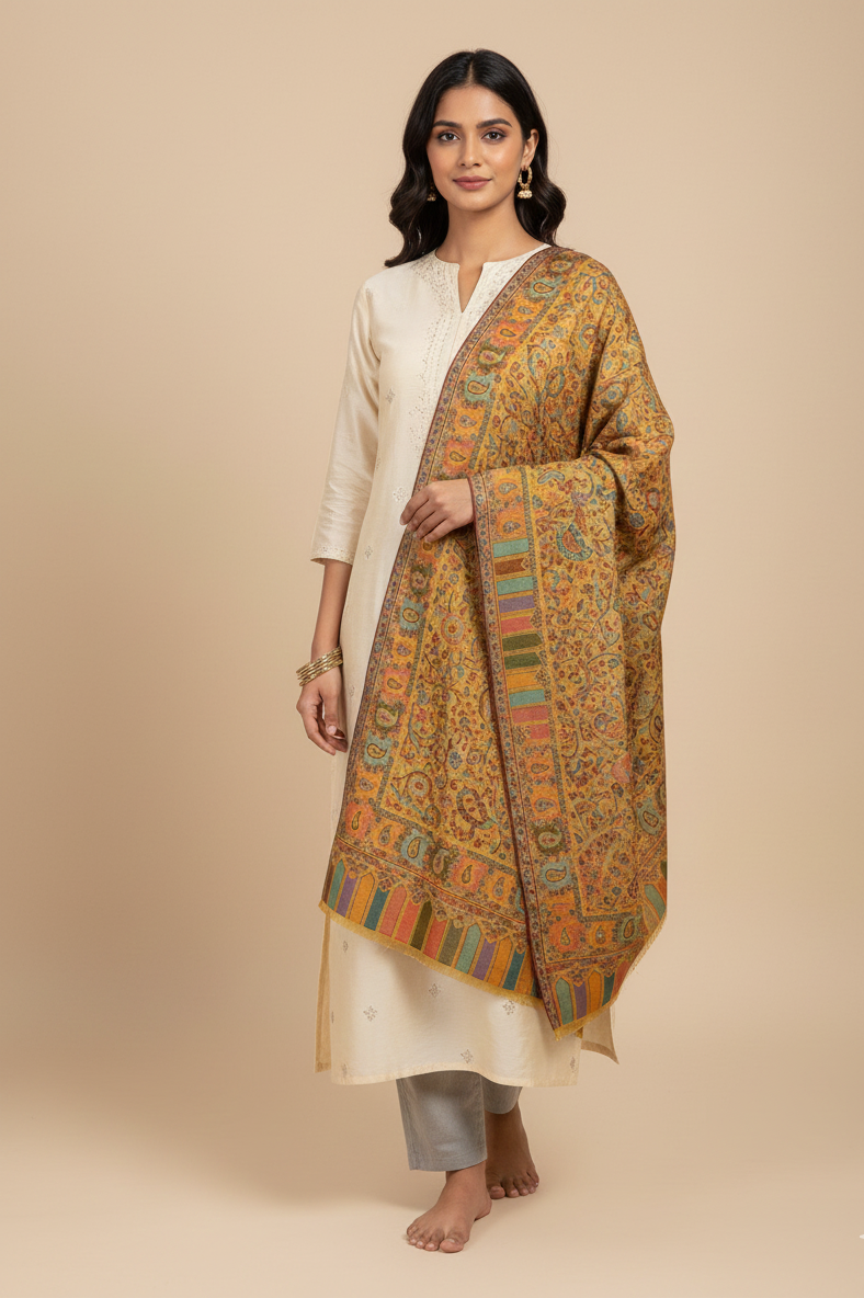 "The Amritsar Store Kashmiri Jaal Weave Shawl in Fine Wool – Multicolor Paisley Design