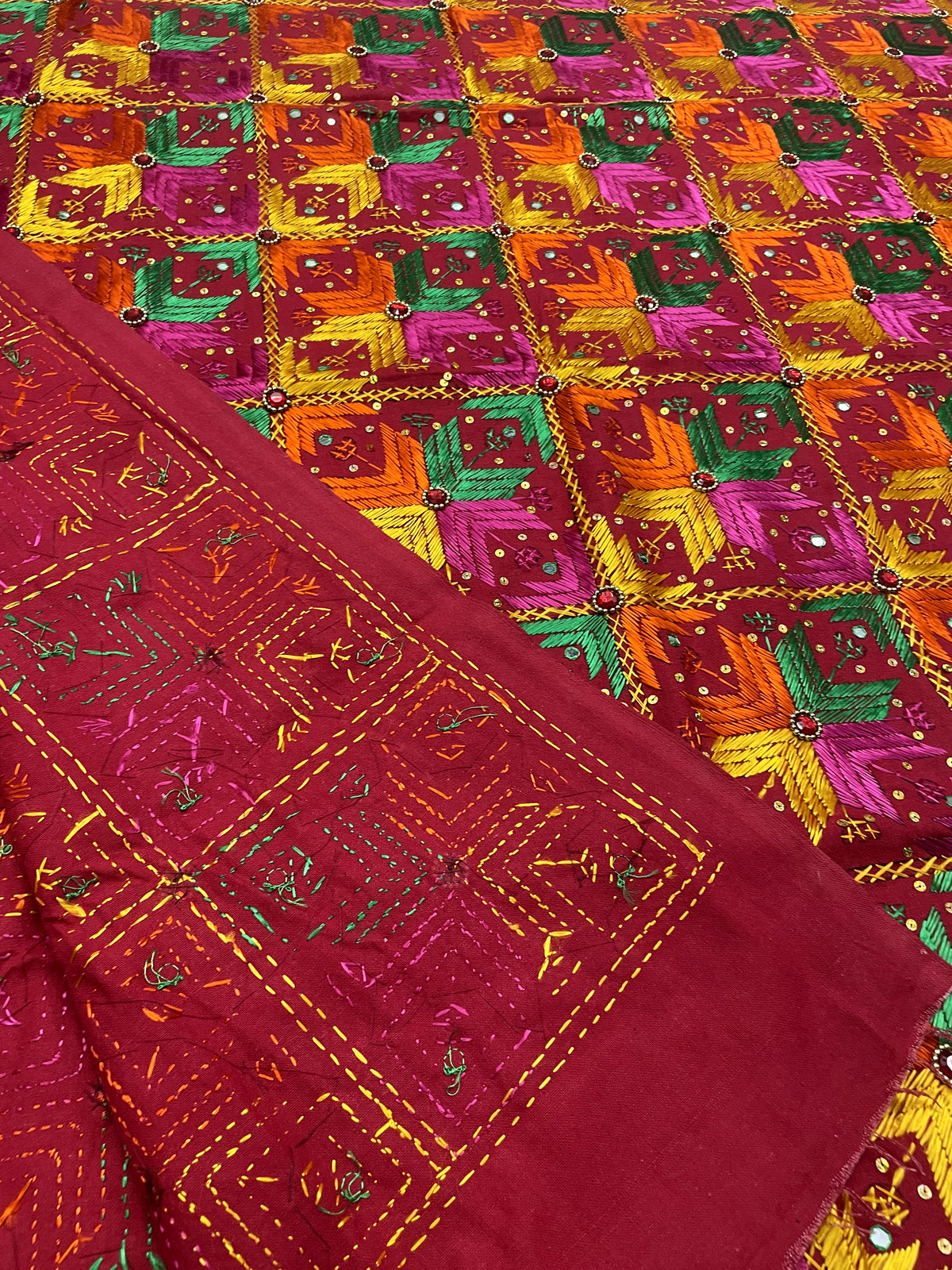 Hand embroidered Punjabi Phulkari Bagh dupatta with mirror work for women by The Amritsar Store featuring traditional ethnic craftsmanship