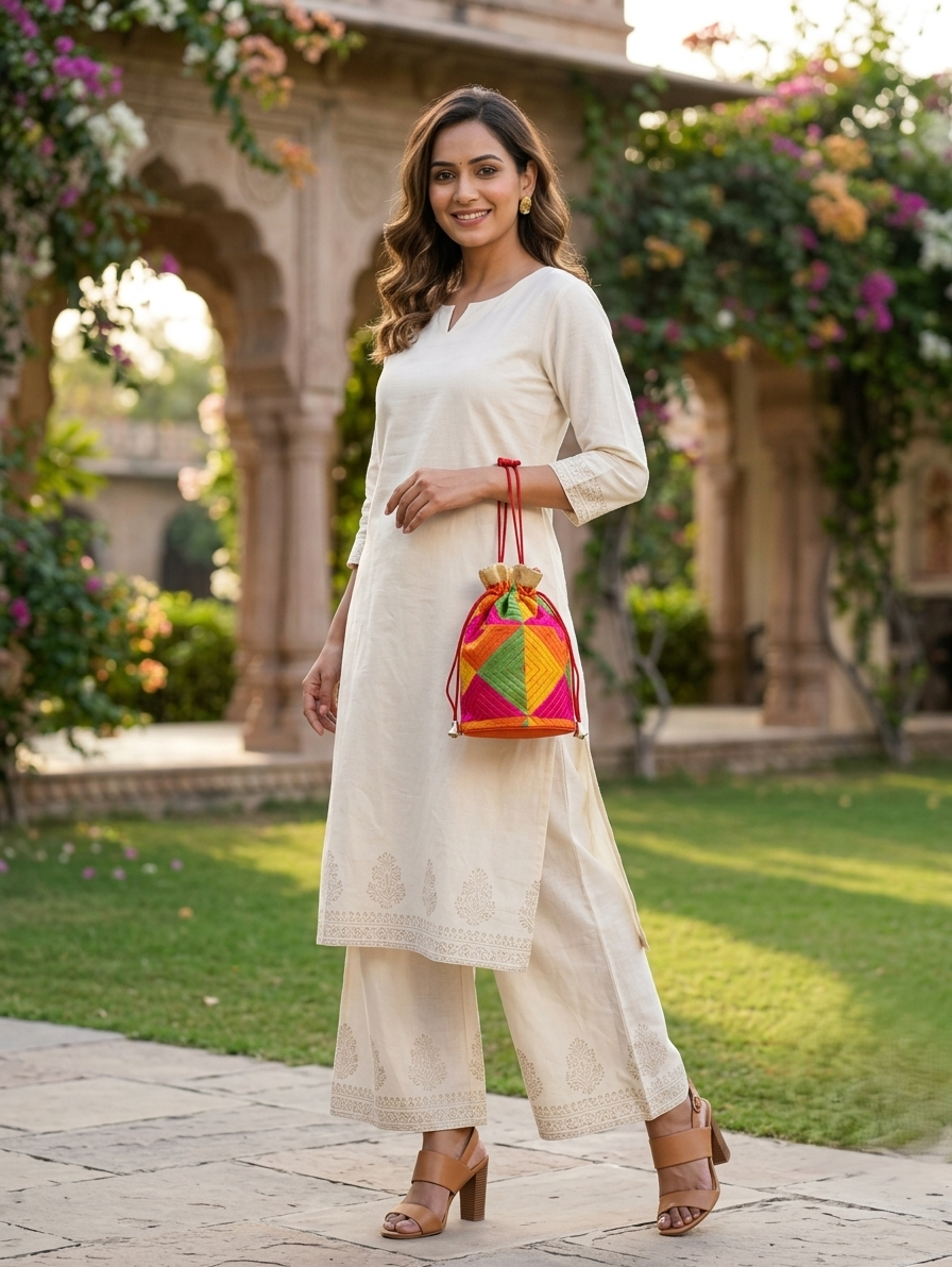 Multicolor Phulkari embroidered potli bag for women