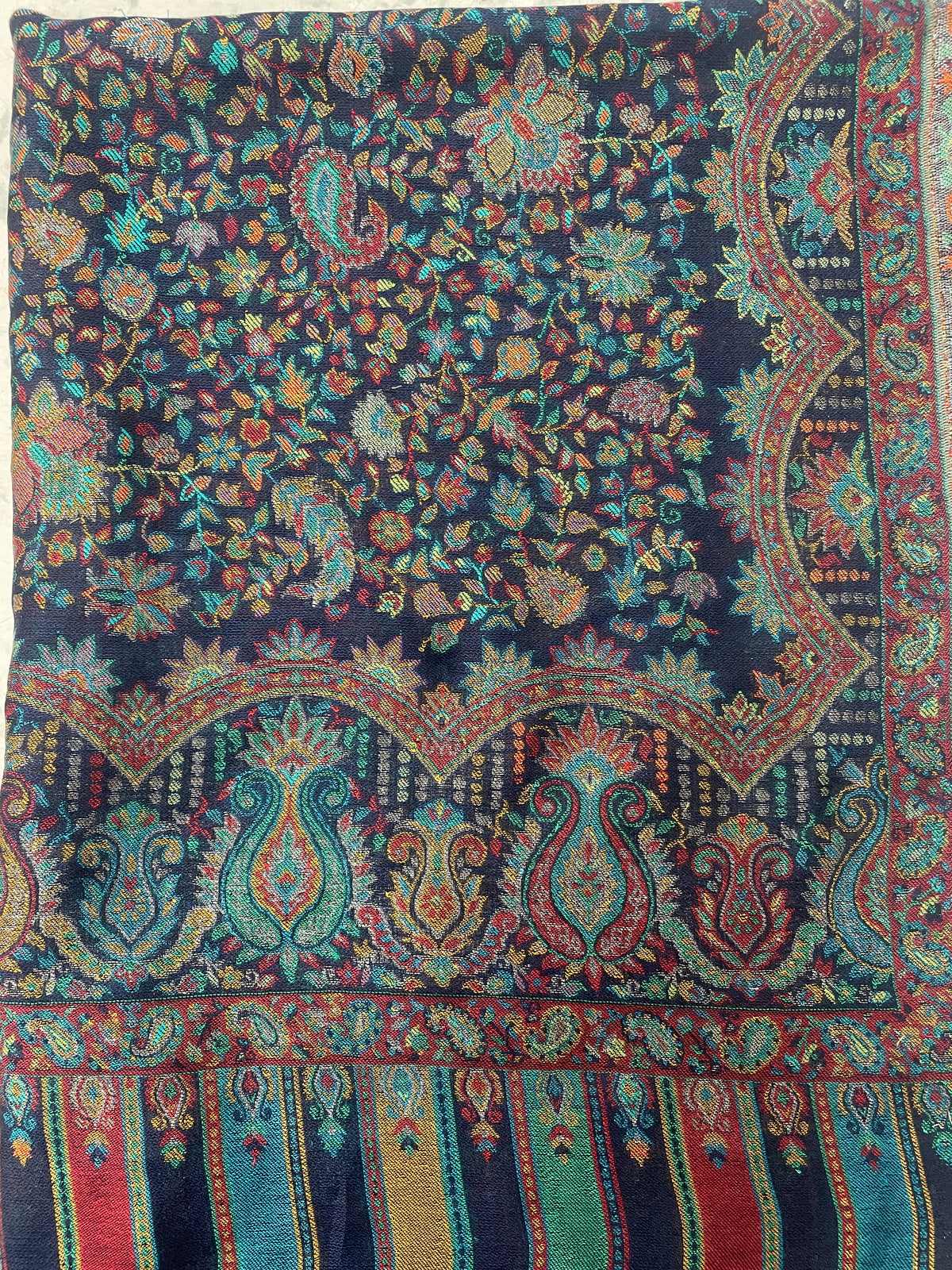 Heritage navy blue jaal stole with intricate paisley motifs and multitone woven borders by The Amritsar Store