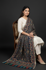 Heritage navy blue jaal stole with intricate paisley motifs and multitone woven borders by The Amritsar Store