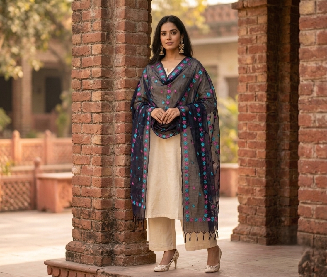 The Amritsar Store Phulkari Dupatta – Hand Embroidered Traditional Design in Navy Blue Color