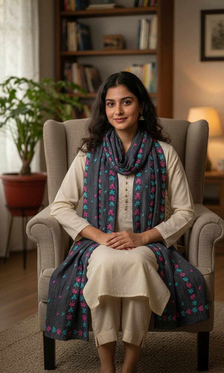 The Amritsar Store Phulkari Dupatta – Hand Embroidered Traditional Design in Navy Blue