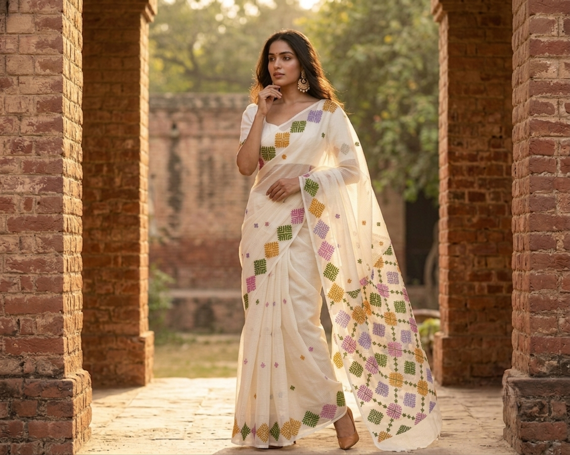 Hand embroidered off white Phulkari Bagh saree featuring traditional Punjabi geometric motifs and artisan craftsmanship.