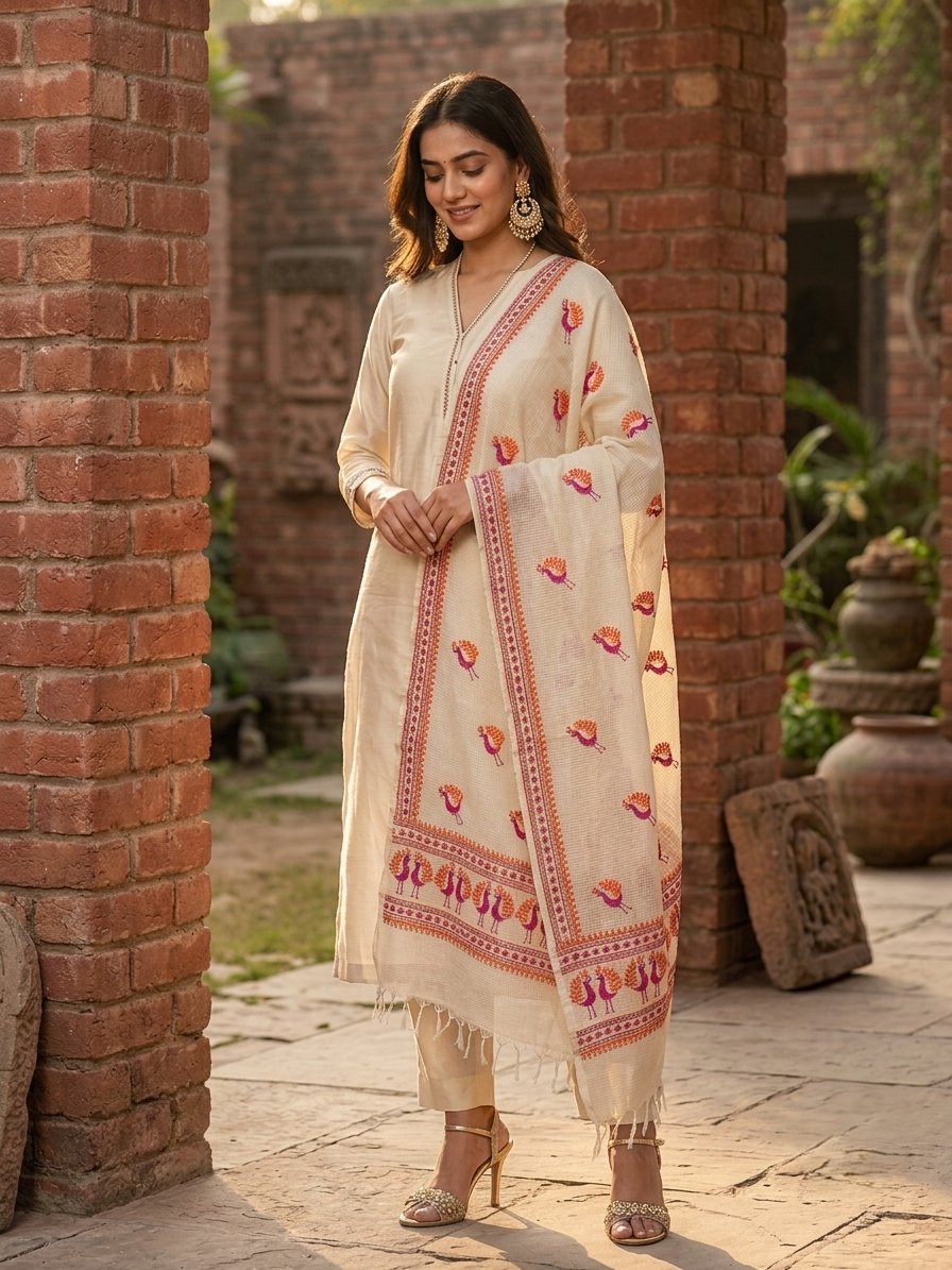 Off White Kota Doria Phulkari Dupatta for Women with Hand Embroidered Traditional Punjabi Floral Design