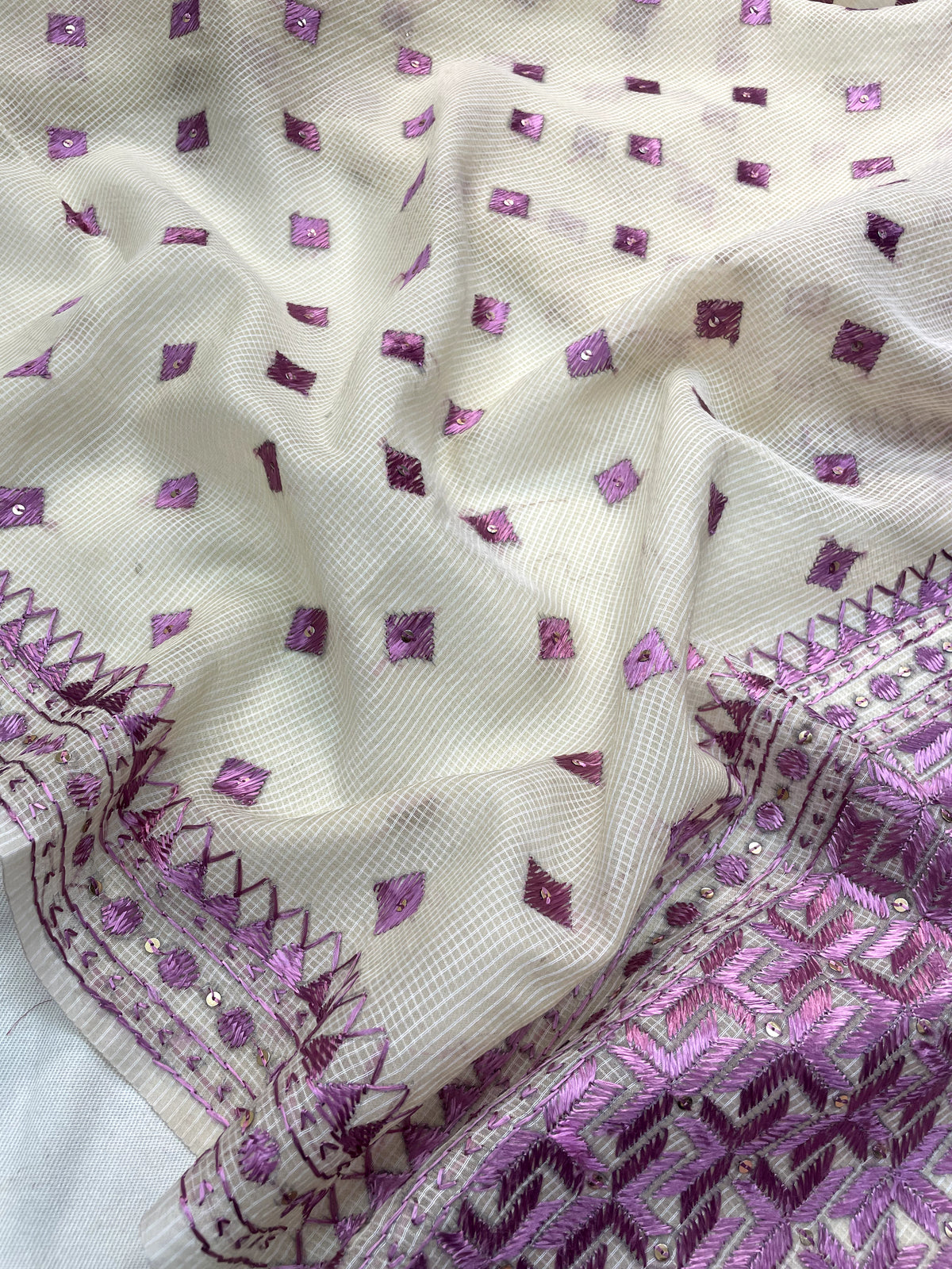 Phulkari Dupatta in off white and purple with hand embroidery for women by