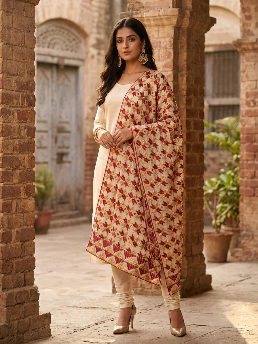 Phulkari Dupatta - Off-White with Maroon & Mustard Embroidery | The Amritsar Store - The Amritsar Store