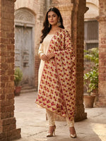 Phulkari Dupatta - Off-White with Maroon & Mustard Embroidery | The Amritsar Store - The Amritsar Store