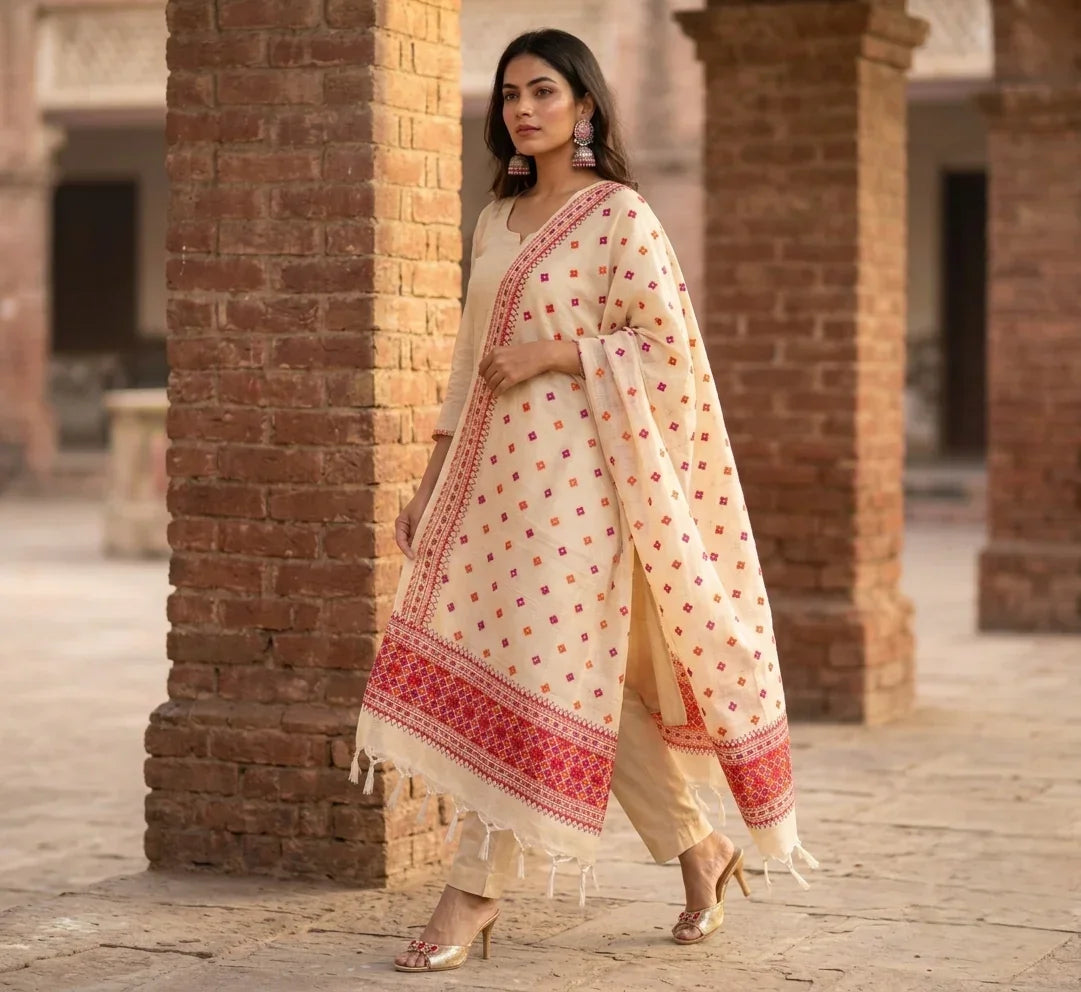 Phulkari Dupatta - Off-White with Pink & Orange Embroidery | The Amritsar Store - The Amritsar Store