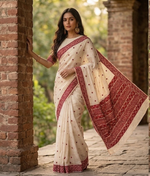 The Amritsar Store Phulkari Saree – Hand Embroidered Off-White Fabric with Red and Maroon Accents