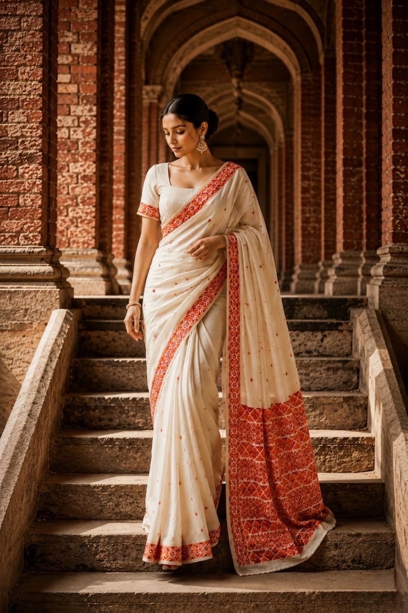 Hand embroidered off white Phulkari saree for women featuring traditional orange and maroon Punjabi embroidery motifs.